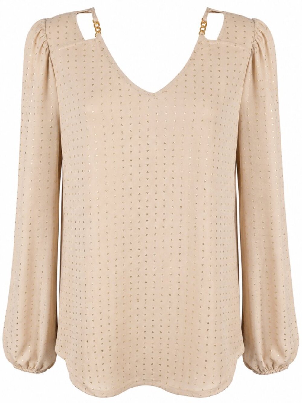 Large Womens Beige Subtle Gold Foil V-Neck Long Sleeve Chain Strap Dressy Top